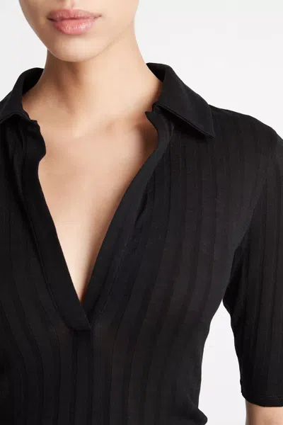 Vince Elbow-sleeve Silk Rib Polo Shirt