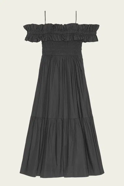 Shop Ganni Cotton Poplin Long Smock Dress In Black