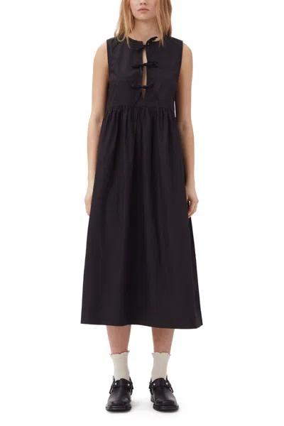 Shop Ganni Cotton Poplin Midi Dress In Black