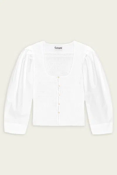 Ganni Smocked Cotton-poplin Cropped Blouse