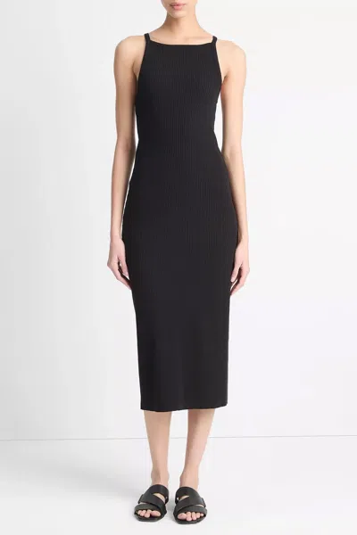 Vince Cotton-blend Ribbed High-neck Tank Dress In Black