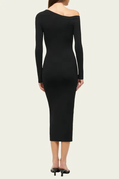 Staud Craftsman One-shoulder Long Sleeve Rib Midi Dress In Black