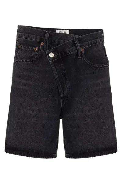 Agolde Black Denim Criss Cross Upsized Shorts