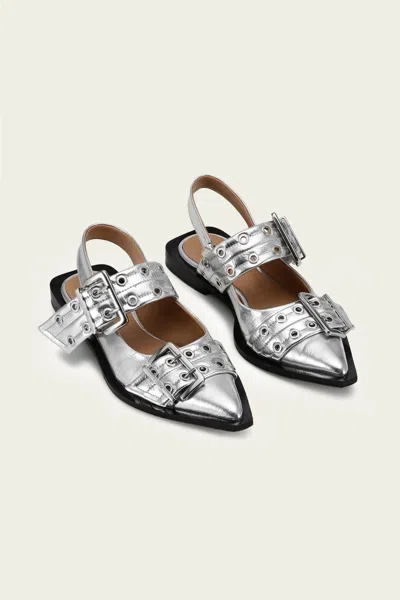 Ganni Buckle Metallic Ballerinas