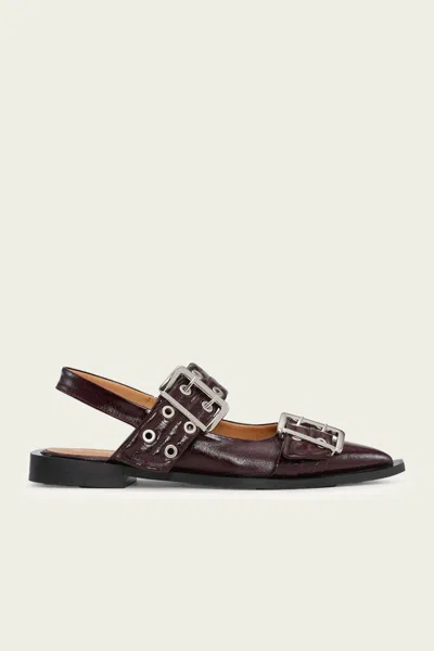 Ganni Feminine Buckle Ballerina Naplack Sandal In Burgundy