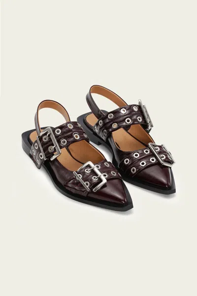 Ganni Feminine Buckle Ballerina Naplack Sandal In Burgundy