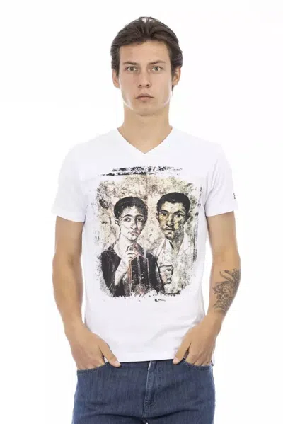 Trussardi Action Elegant V-neck Designer Tee With Chic Front Print In White
