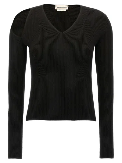 Alexander Mcqueen Cutout Ribbed Wool-blend Sweater In Black
