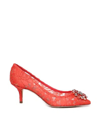 Dolce & Gabbana Bellucci 60 Brooch Embellished Lace Pumps In Red