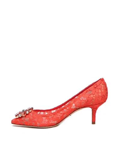 Dolce & Gabbana Bellucci 60 Brooch Embellished Lace Pumps In Red