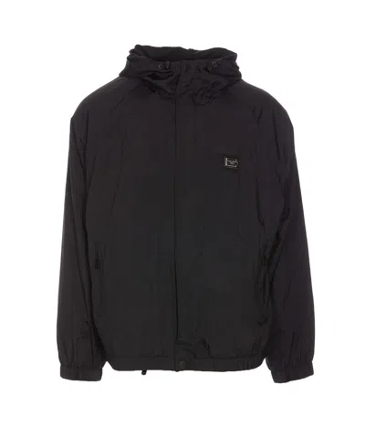 Dolce & Gabbana Logo Plaque Drawstring Hooded Jacket In Black