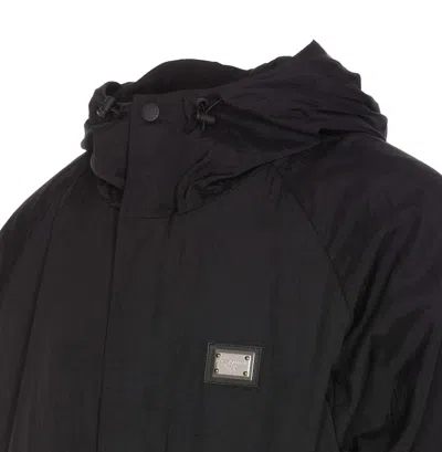 Dolce & Gabbana Logo Plaque Drawstring Hooded Jacket In Black