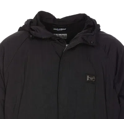 Dolce & Gabbana Logo Plaque Drawstring Hooded Jacket In Black