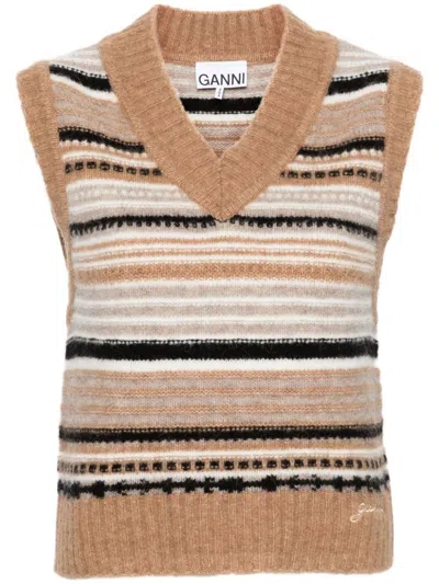 Shop Ganni Brown Wool Knitwear In Printed