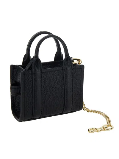 Shop Marc Jacobs 'the Nano Tote Bag' Black Key-chain With Embossed Logo In Hammered Leather Woman