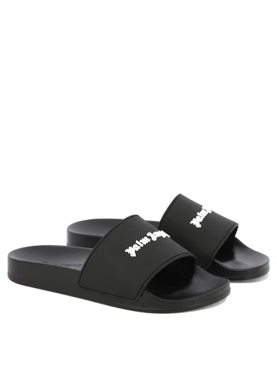 Shop Palm Angels "logo Pool" Sliders In Black