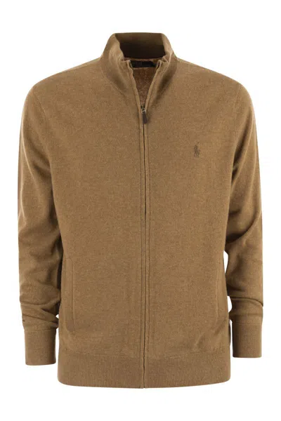 Shop Polo Ralph Lauren Wool Sweater With Zip In Brown