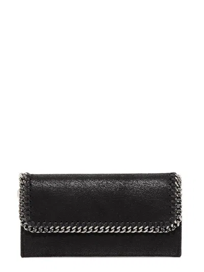 Stella Mccartney Black Continental Wallet With Shaggy Deer Fabric And Ruthenium Chain Trim In Black