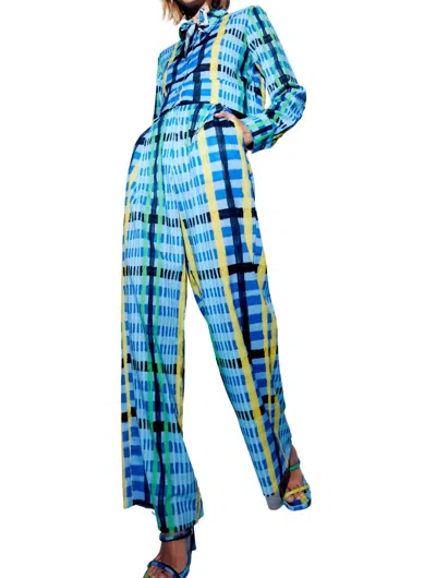 De Loreta Panca Wide Leg Pant In Tartan Charra Azul In Multi