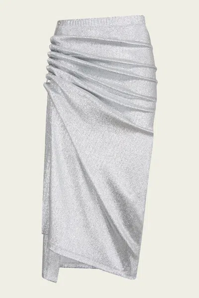 Rabanne Asymmetric Gathered Metallic Stretch-knit Midi Skirt