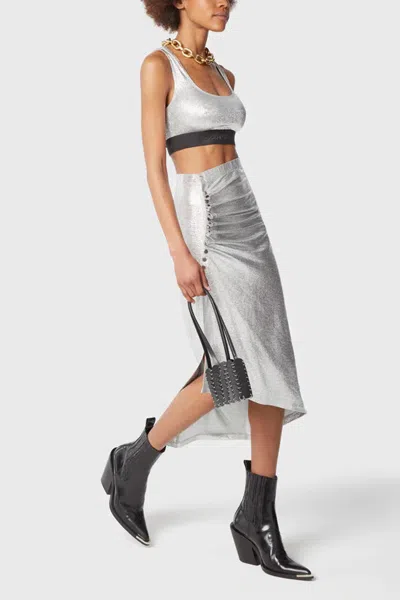 Rabanne Asymmetric Gathered Metallic Stretch-knit Midi Skirt