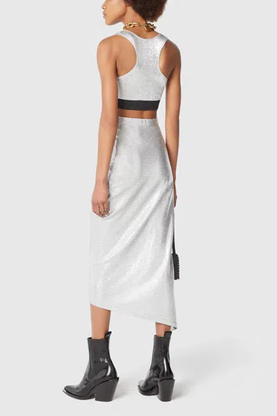 Rabanne Asymmetric Gathered Metallic Stretch-knit Midi Skirt
