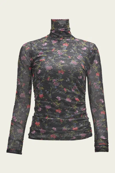 Cinq À Sept Mini Hana Floral Shirred Mesh Turtleneck In Black