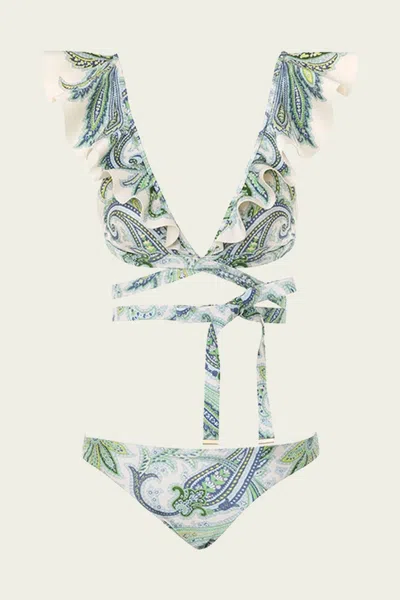 Zimmermann Ottie Wrap Ruffle Bikini Set In Green Paisley