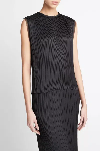 Vince Pleated Satin Crew Neck Shell In Black