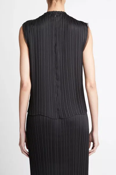 Vince Pleated Satin Crew Neck Shell In Black