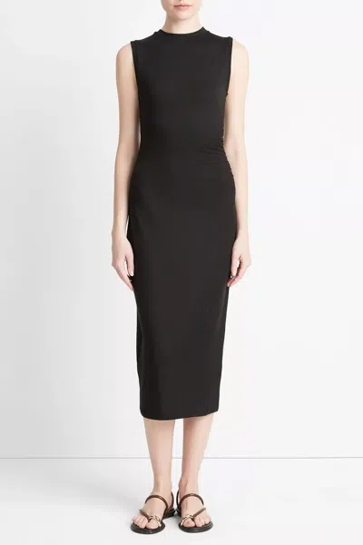 Vince Side Ruched Sleeveless Knit Midi Dress In Black