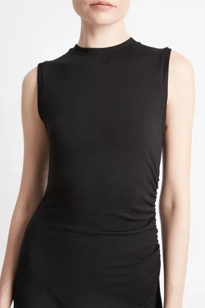 Vince Side Ruched Sleeveless Knit Midi Dress In Black