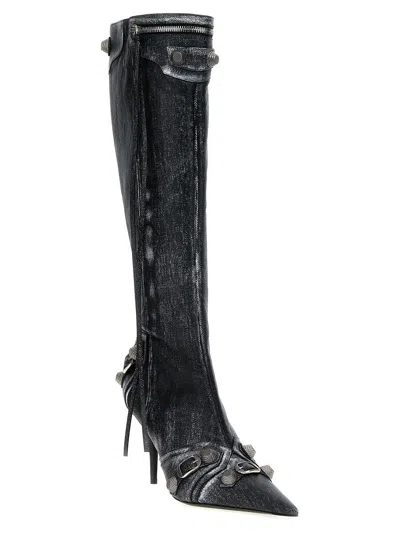 Balenciaga Cagole White Pointed High-boots With Studs And Buckles In Leather Woman In Black