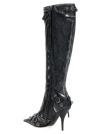 Balenciaga Cagole White Pointed High-boots With Studs And Buckles In Leather Woman In Black