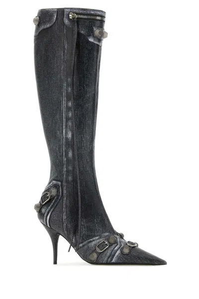 Balenciaga Cagole White Pointed High-boots With Studs And Buckles In Leather Woman In Black