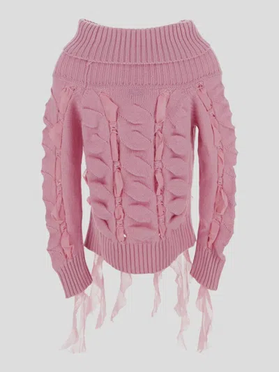 Blumarine Rushed Off-shoulder Knitted Wool Sweater In Pink