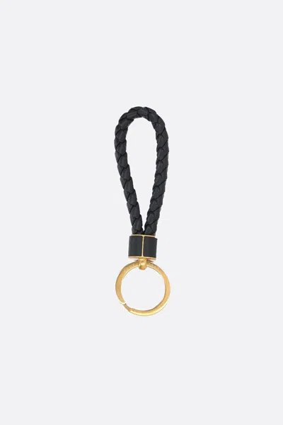 Bottega Veneta Intrecciato Leather And Gold-tone Keyring In Black