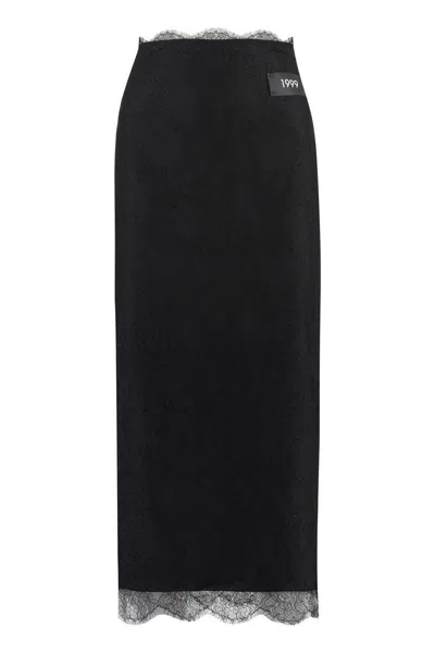 Dolce & Gabbana Midi Black Skirt With Re-edition Patch In Chantilly Lace Woman In Black