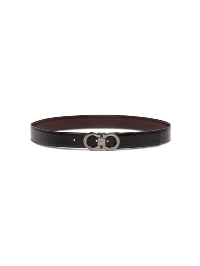 Ferragamo Black And Brown Reversible Belt With Gancini Detail In Smooth Leather Man In Black