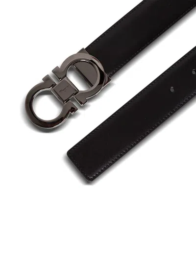 Ferragamo Black And Brown Reversible Belt With Gancini Detail In Smooth Leather Man In Black