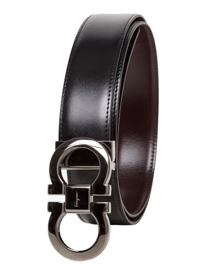 Ferragamo Black And Brown Reversible Belt With Gancini Detail In Smooth Leather Man In Black