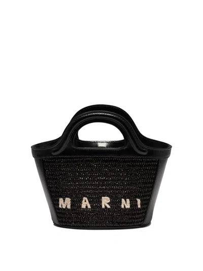 Marni Tropicalia Structured Shoulder Bag With Raffia Panels In Black