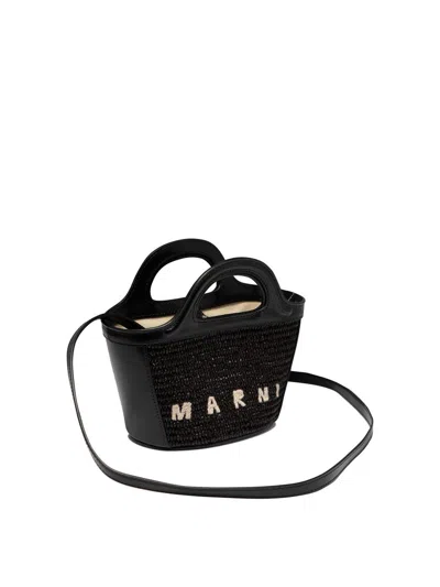 Marni Tropicalia Structured Shoulder Bag With Raffia Panels In Black
