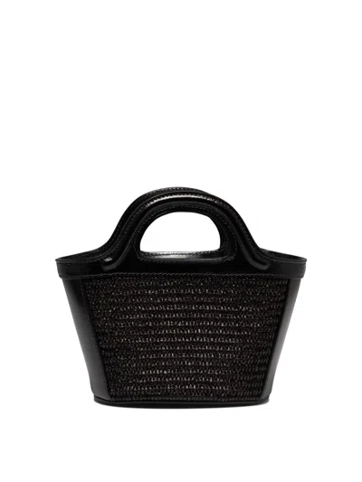 Marni Tropicalia Structured Shoulder Bag With Raffia Panels In Black