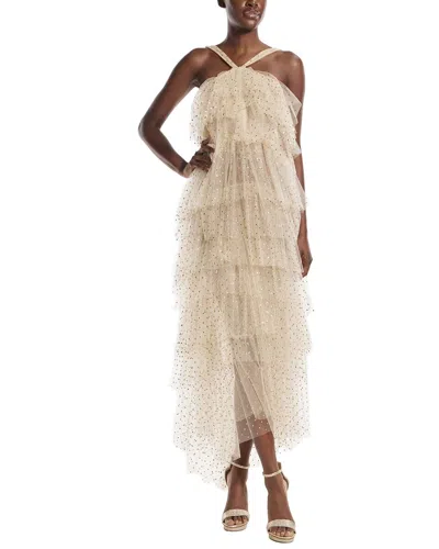 Monique Lhuillier Halter Neck Tiered Dotted Cocktail Dress In Beige