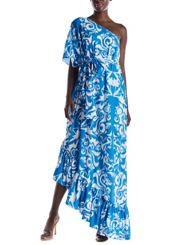 Monique Lhuillier One-shoulder Printed Linen Caftan Gown In Blue