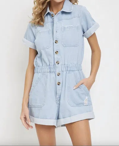 Sweet Lovely By Jen Light Denim Collar Romper In Light Wash In Blue