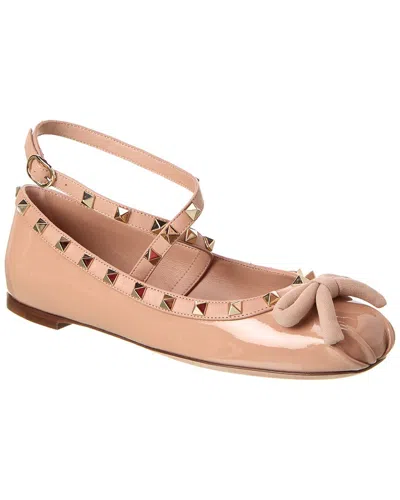 Valentino Rockstud Ankle-strap Ballerina Flats In Beige