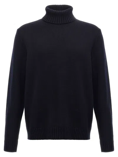 Zanone Turtleneck Wool Sweater With Turn-up Collar And Cuffed Sleeves In Blue