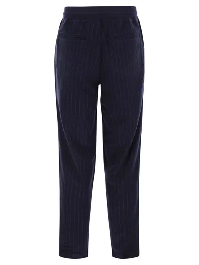 BRUNELLO CUCINELLI BRUNELLO CUCINELLI DOUBLE PINSTRIPE FLEECE TROUSERS IN COTTON, CASHMERE AND SILK 